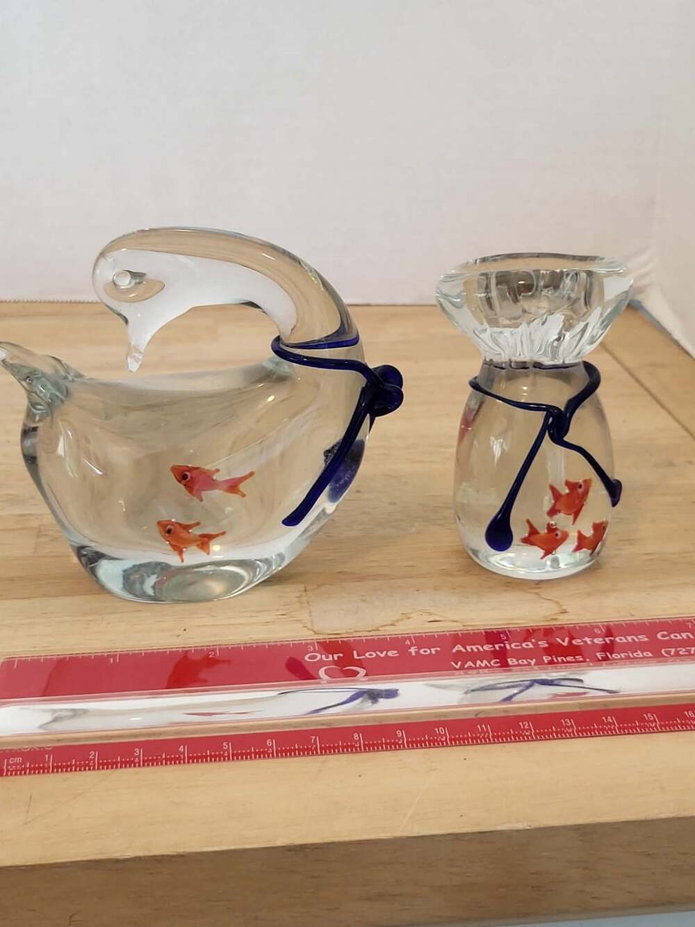lot of 2 glass figurine with goldfish on inside duck fishbowl coastal glassware